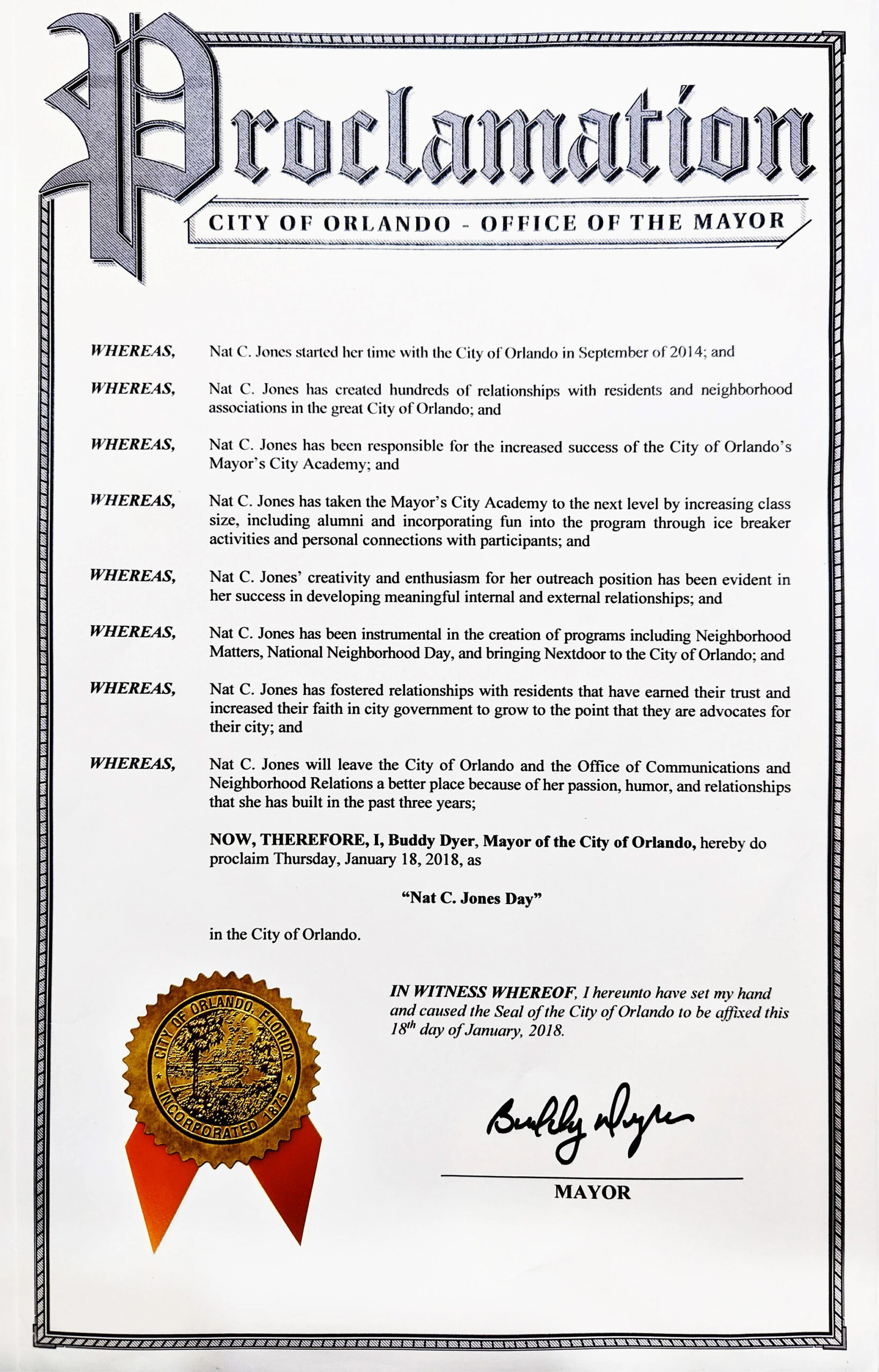 Proclamation from Mayor Buddy Dyer